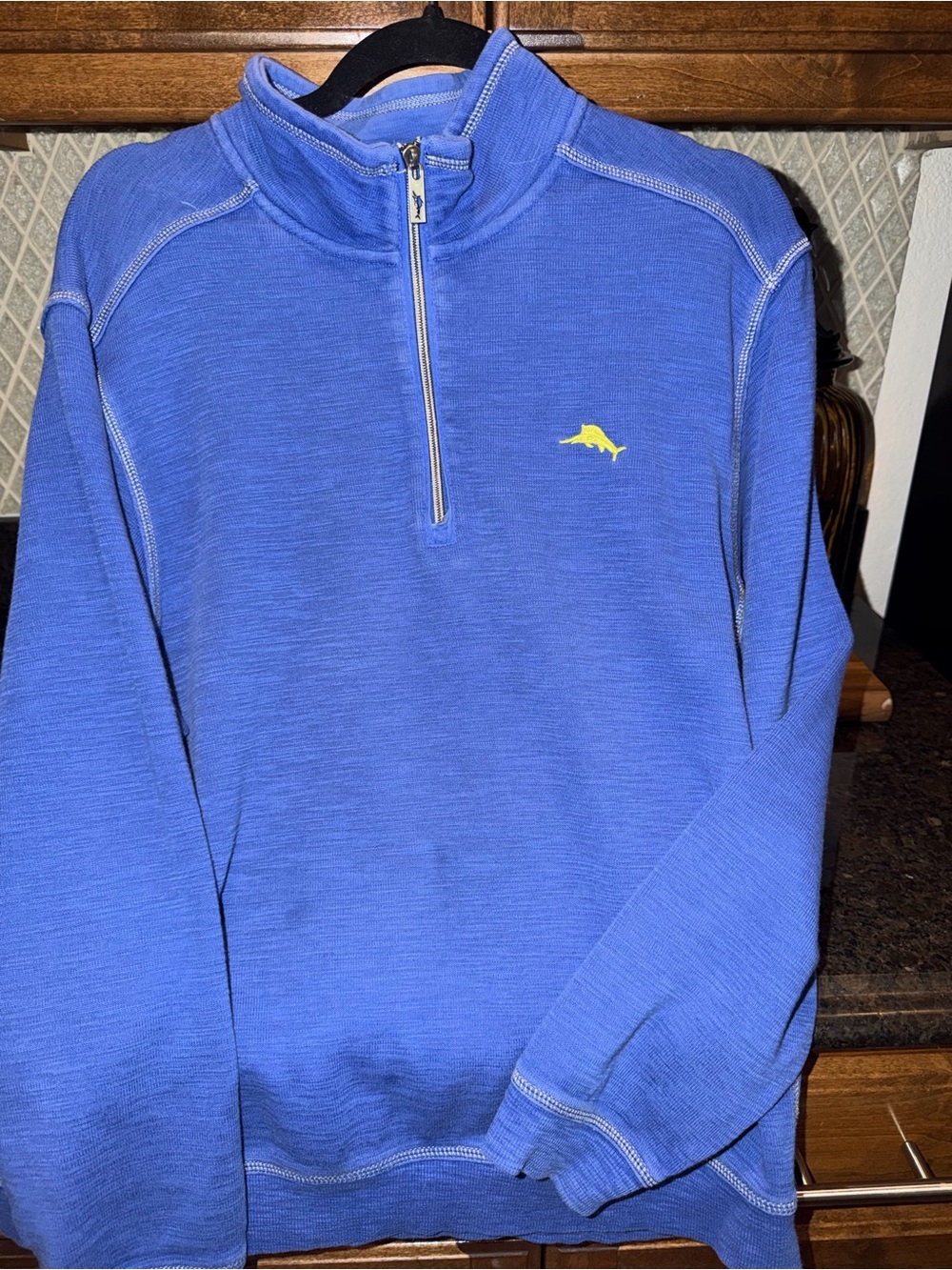 Tommy Hilfiger Men's Blue Half-Zip Sweater with Yellow Fish Logo